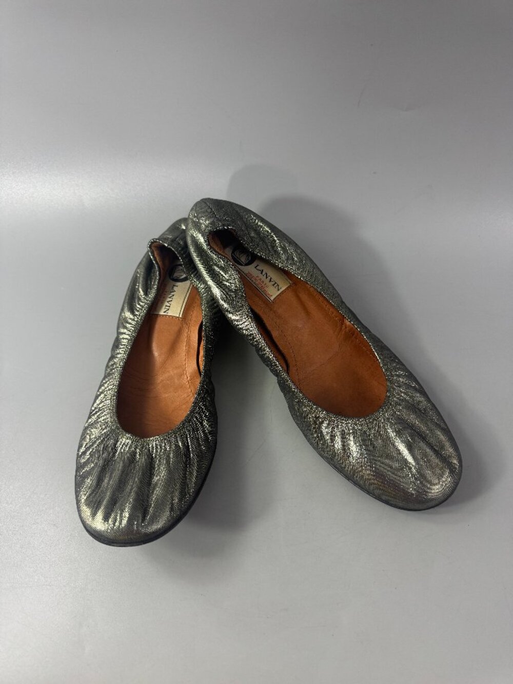 LANVIN Paris Metallic SilverLeather Ballet Flats, Size 38